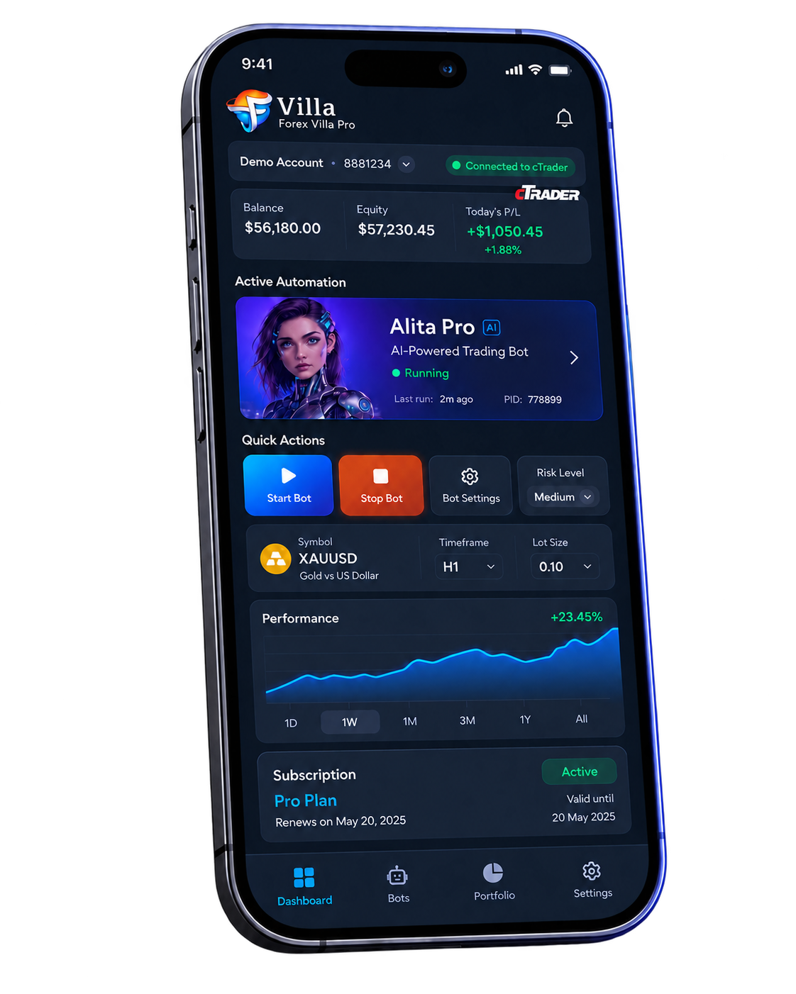Villa by Forex Villa Pro shown on a smartphone, with cTrader connection, Alita Pro automation controls, XAUUSD settings and performance information.